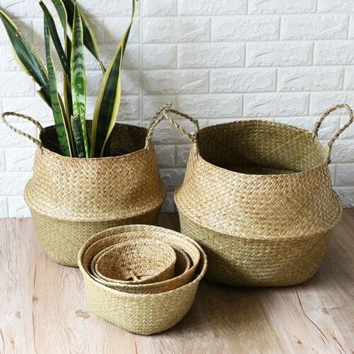 Natural Seagrass Wicker Handmade Woven Basket Household Foldable Storage Flower Pot Dirty Laundry Basket For Home Garden Decor