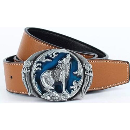 Mens Fashion Cool Retro Western Cowboy 3D Wild Wolf Leaf Belt Buckles Blue Enamel Vintage Grey Tone Snap-Fit Daily Wear Gift
