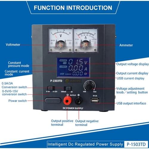 Smart DC regulated power supply,adjust power supply unit,0-15V,500mA,3A Voltage Current,USB output,Safe for maintenance repair
