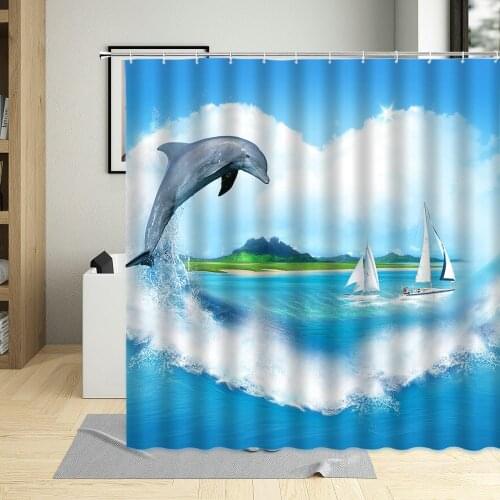 Ocean Sea Animal Dolphin Fish Waterproof Shower Curtain Creative Deep Sea Child Bathroom Decor Screen With Hooks Curtains Set