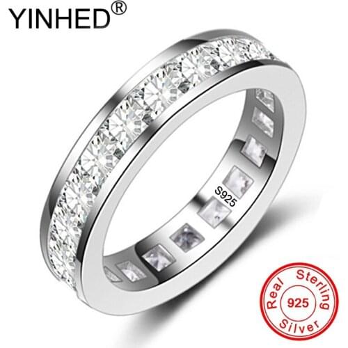 YINHED New Simple Full Circle Square Cubic Zircon Ring Fashion Female Jewelry 925 Sterling Silver Women Rings for Party DR288