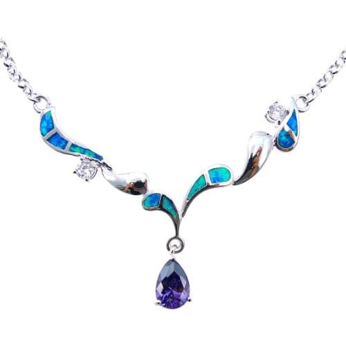 Fashion Jewelry Long Necklace Opal Jewelry Silver Plated Women Pendants Necklace Blue Fire Opal Pendant for Women Christmas gift