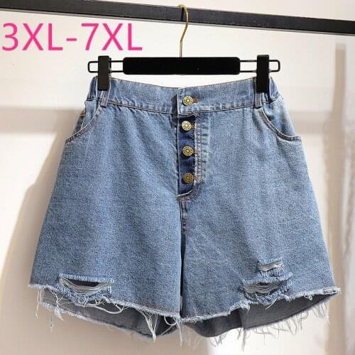 New 2021 summer plus size denim shorts for women large loose casual elastic waist pocket blue hole jeans shorts 4XL 5XL 6XL 7XL
