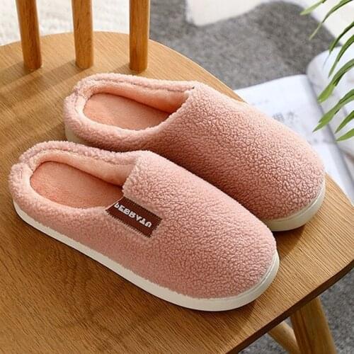 Womens Cotton Slippers Household Winter Indoor Home Warmth Non-slip Thick Bottom Couple Plush Slides Floor Ladies Fur Slides