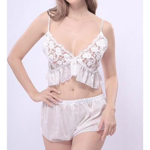 Women Lace Sheer Elastic Camisole Satin Lace Short Lingerie Nightwear Pajama Set lingerie erotique pour femme lenceria erotica