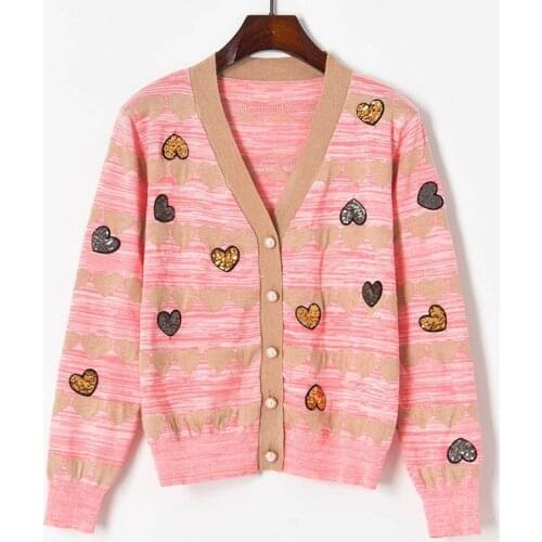 2021 New Thin Cardigan Women Sequined Sweetheart Jacquard Knitted Cardigan Women V Neck Single Breasted Sweater Coat Summer