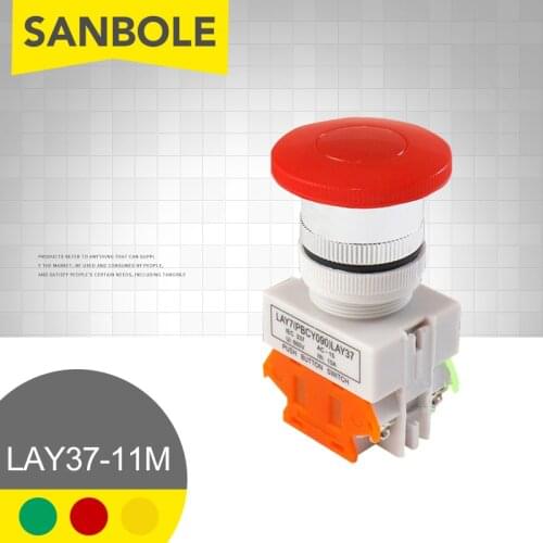10pcs 22mm Push Button Switch LAY37-11M(PBC)Y090-11M LAY7-11M Red Yellow Green Mushroom Head Reset Momentary