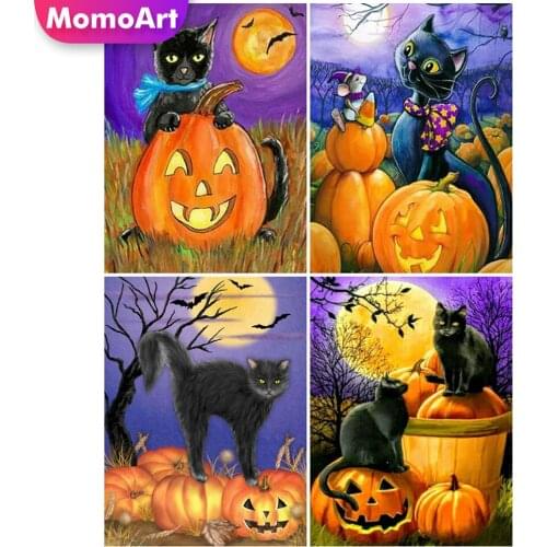 MomoArt 5D DIY Cat Diamond Mosaic Cartoon Full Drill Square Diamond Embroidery Pumpkin Needlework Beaded Mosaic Halloween Gift
