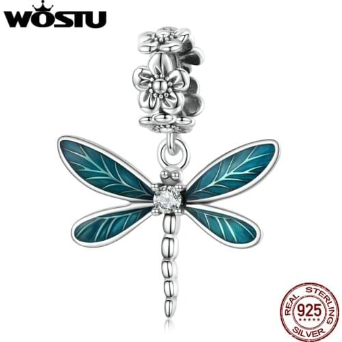 WOSTU 2021 925 Sterling Silver Flower Gorgeous Dragonfly Insect Pendant Charm Beads Fit Original Bracelet DIY Jewelry CQC521