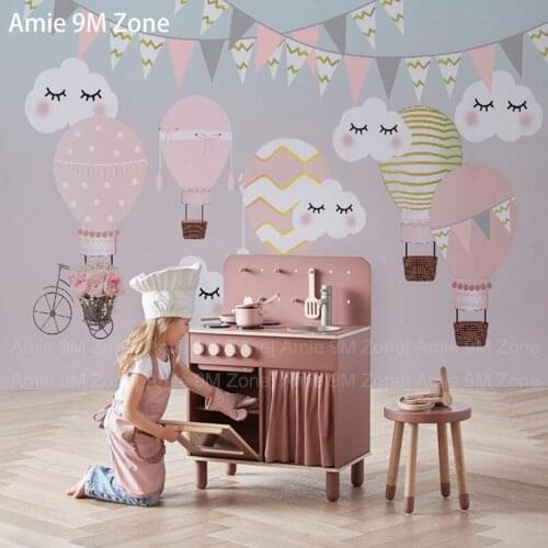 Kids wallpaper wall decor mural wallpaper pale pink blue light cream hot balloon cloud carton for gilrs room wall-paper discoun