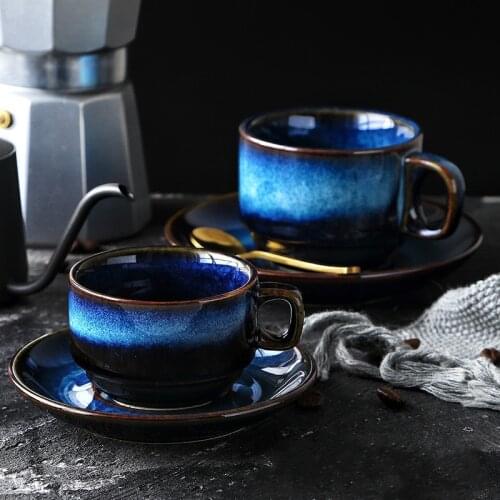 Ceramic coffee cup and saucer set creative breakfast cup afternoon tea Japanese style simple retro blue utensils