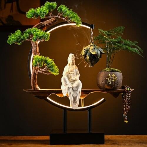 Chinese Creative Incense Burner Ceramic Luxury Wood Led Light Incense Burner Buddha Statue Incensario Spiritual Decor EI50IB