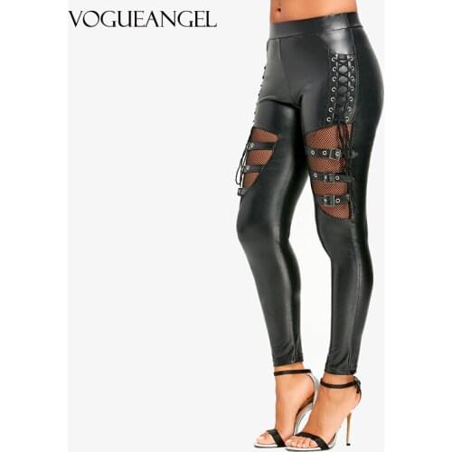 Fishnet Insert Lace Up Autumn Winter Women Clothes PU Leather Pencil Leggings Thin Fleece Sexy Trousers Ladies Pants 2XL
