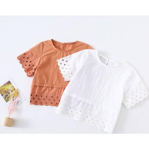 Summer Sweet Kids Baby Blouse Short sleeve T-Shirt hot Cotton Tee Tops Girls Sleeve Girl White brown Hollow out princess clothes