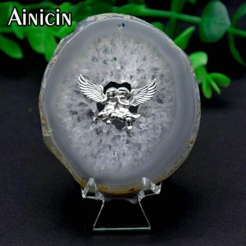 Matt Silver God of Love Cupid Pendants Natural Gray Drusy Agate Slice Craft For Necklace Making Desk Decoration Jewelry