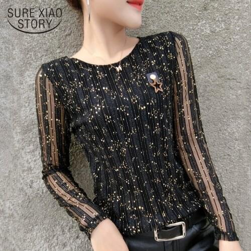 Fashion plus size women t shirt long sleeve women shirts hollow striped t-shirt Bright silk sexy skinny black women tops 2312 50