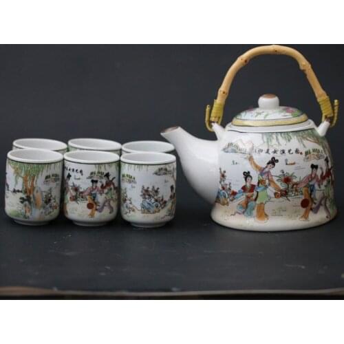 New 1set/7pcs Chinese Famille Rose Porcelain Hand-painted Mansion Porcelain Teapot & Cups set