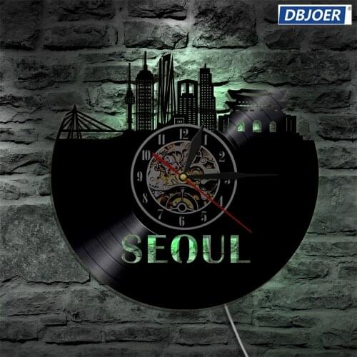 SEOUL City LED Vinyl Clock Lighting Color Change Wall Light Remote Control Modern Backlight Cool Living Room Interior