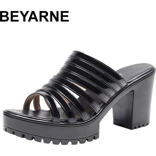 BEYARNE Block Heel Patent Leather Slippers Women Shoes Summer2020 High Heels Slides Ladies Party Wedding Shoes Platform Slides