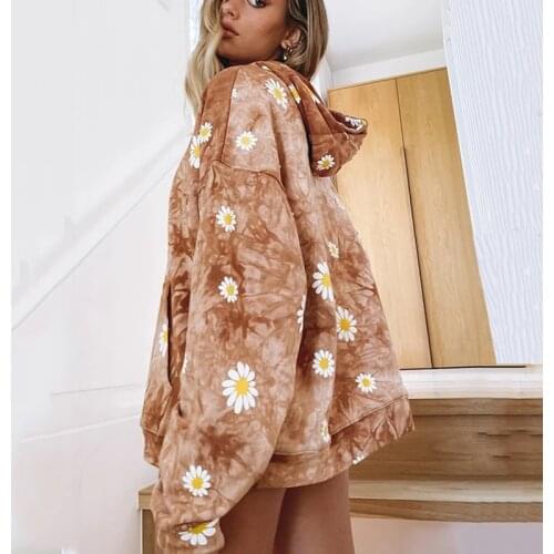 2020 Women Winter Warm Tie Dye Hoodies and Sweatshirt Elegant Long Sleeve Hooded chrysanthemum print Pullover Top Streetwear