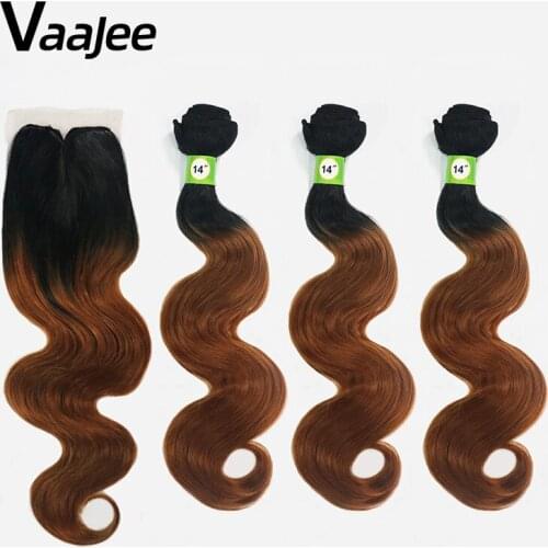 VaaJee Synthetic Hair Weave with Lace Closure Body Wave Brown 14" 16" 4pcs/lot High Quality Hair Bundles Hair Extension Women