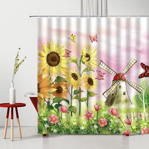 Sunflower Shower Curtain Butterfly Mushroom Flowers Tree Dream Spring Landscape Waterproof Polyester Bath Curtains Set With Hook