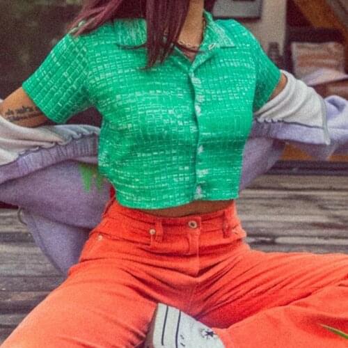 New Summer T-Shirts Streetwear Crop Tops Women Fashion Green Button Short Sleeve Turn Down Collar Slim Knitted Short Top S-XL