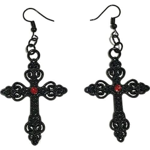 Goth Black Cross Earring with Gothic Ornate Big Christ Jesus Jewelry Punk Valentines Gift Women Fashion Novelty Statement Trend