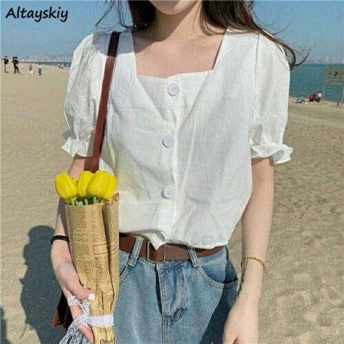 Women Shirts Short Puff Sleeve Comfortable Square Collar Korean Style Ladies Abdomen Solid All-match Summer Slim Leisure Student