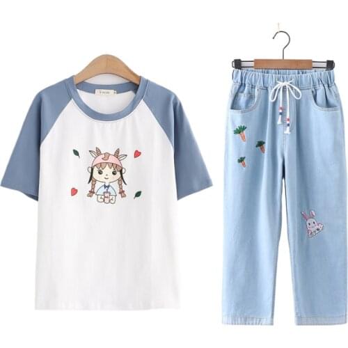 Sweet Women Pant Sets Short Sleeve O-neck Graphic T Shirt Cartoon Embroidery Calf Length Jeans 2021 Summer Matching 2 Pieces Set