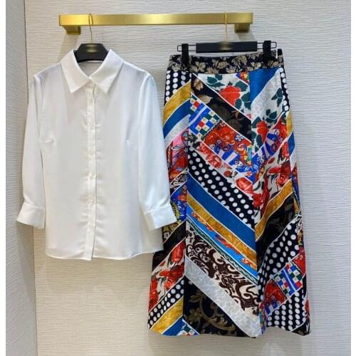 2021 runway spring summer women runway skirt set long sleeve white shirts + vintage printed skirts 2 pieces set Y386