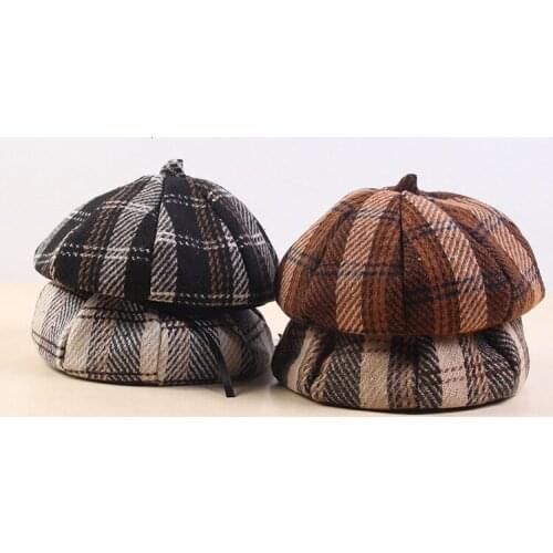 Female Autumn Winter Students Casual Fashion British Beret Wild Pumpkin Hat Plaid Painter Hat New Tide Outdoor Warm Hat