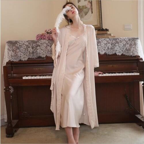 Princess Sexy Long Two-Pieces Night Robe Women Spaghetti Strap V-Neck Nightgowns With Lace Summer Silk Full Sleeves Gowns Robe