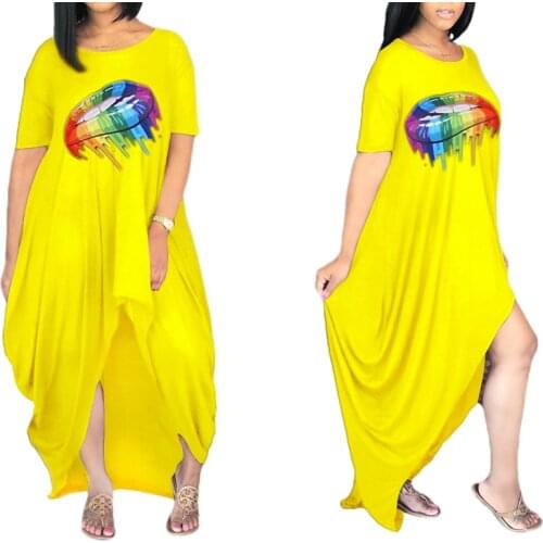 Women Plus Size Loose Dress High Low Asymmetric Hem Short Sleeve Casual Long Maxi Dress Summer Sexy Lip Print Dress S-5XL