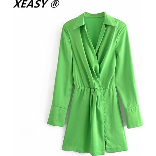 XEASY Women 2021 Fashion Shoulder Padded Solid Satin Mini Shirt Dress High Street Office Lady Pleats Business Casual Vestidos