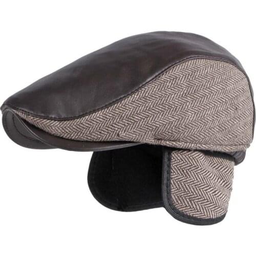Winter Beret Hat Men British Retro Berets Elderly Newsboy Cap Ear Warm Forward Hat Leather Patchwork Cabbie Ivy Flat Cap