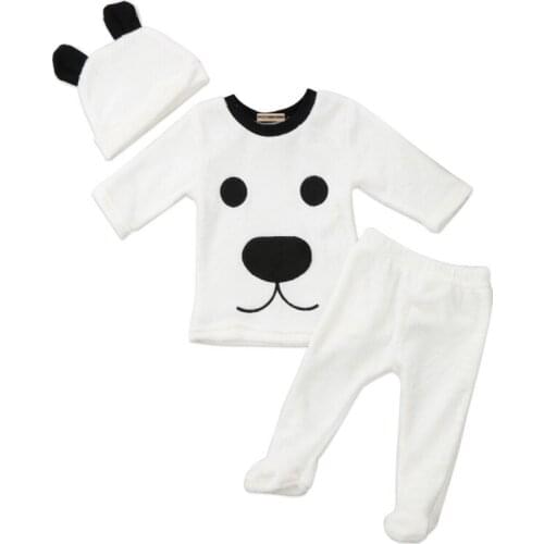 Newborn Baby Girls Boys Winter Warm Cotton Fur Clothes Kids Infant Long Sleeve Bear Print Tops Long Pants Hats 3PCS Outfits Set