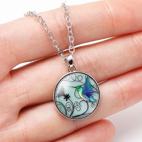 10PC 2019 New Blue Hummingbird Necklace Hummingbird Pendant Glass Bird Jewelry Art Glass Cabochon Necklaces Jewelry
