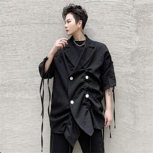 2021 Spring Summer Black Double Breasted Blazer Men Casual Pleated Suit Jackets Singer Punk Stage Costume Homme