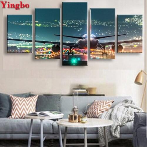 5D Diy Diamond painting 5 Panel Aircraft Painting Rhinestones icons mosaic cross stitch Diamond Embroidery City night scene