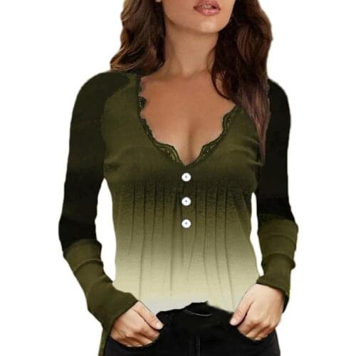 Off Shoulder Blouse Women Cotton Blend Gradient Color Women Blouse Lace Trim Low Cut V-Neck Slim Tunic Top Women Streetwear 3XL