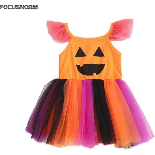 FOCUSNORM 0-4Y Infant Baby Girls Halloween Dress Ruffles Sleeve Pumpkin Lace Tutu Mini Dress Party Outfits