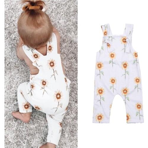 FOCUSNORM 0-24M Summer Baby Girls Boys Rompers Sunflowers Print Sleeveless Button Strap Jumpsuits