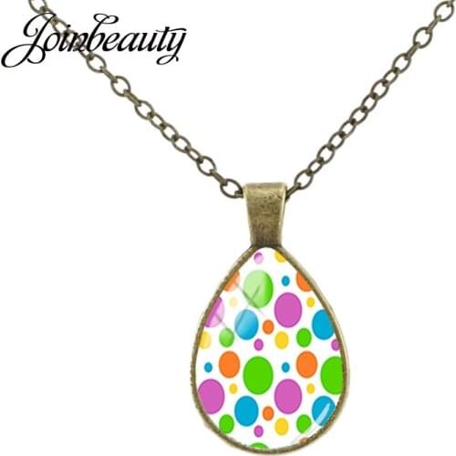 JOINBEAUTY Colorful Round Wave Point Pattern Glass Tear Drop Necklace Vintage Handmade Dome Pendant Long Chain Jewelry PT85