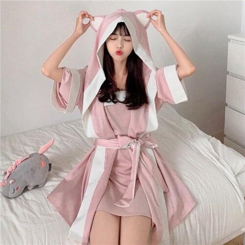 Sweet Girl Korean Preppy Style Tender Fairy Pink Suspender Dress Suit Japanese Cute Kawaii Girl Sexy Kimono All-Match Nightdress