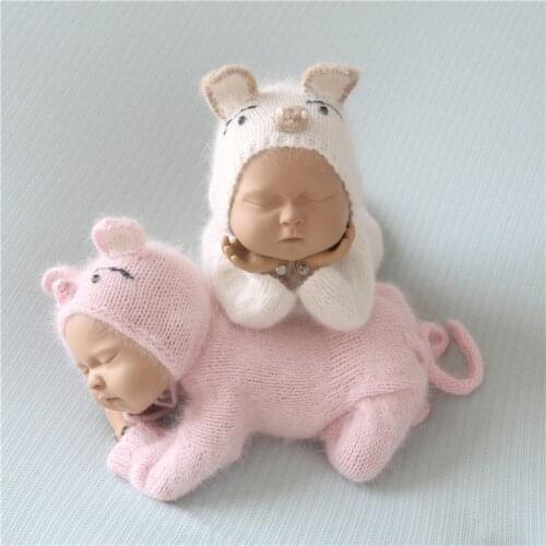 Alpaca Newborn Outfit Knitted Pig Footed Romper Baby Sleeper Pajamas New born Angora Hat Set Fluffy Animal Bonnet Photo Props