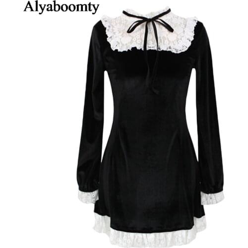 Autumn Spring Women Black Mini Dress Gothic Punk Style Ruffled Collar Ribbon Velvet Dress Christmas Lace Ruffles Party Dress