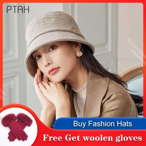[PTAH] Fashion Bucket Hats Women Solid Color Autumn Winter Bucket Hat Outdoor Panama Ladies Caps Ladies Tide Flat Top Hat Casual