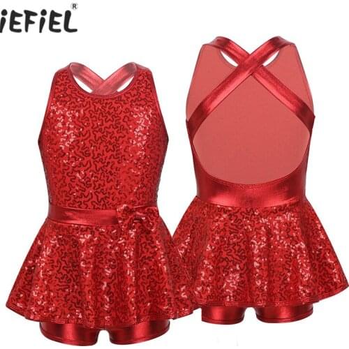 Kids Girls Jazz Modern Dress Sleeveless Shiny Sequined Leotard Stage Dance Wear Criss Cross Back Waist Tutu Ballet Dress Bowknot