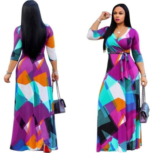 Sexy Fashion Long Print Dresses Women Summer Fashion V-neck High Waist Vestidos Long Sleeve Big Swing Summer Dress Mujer A916